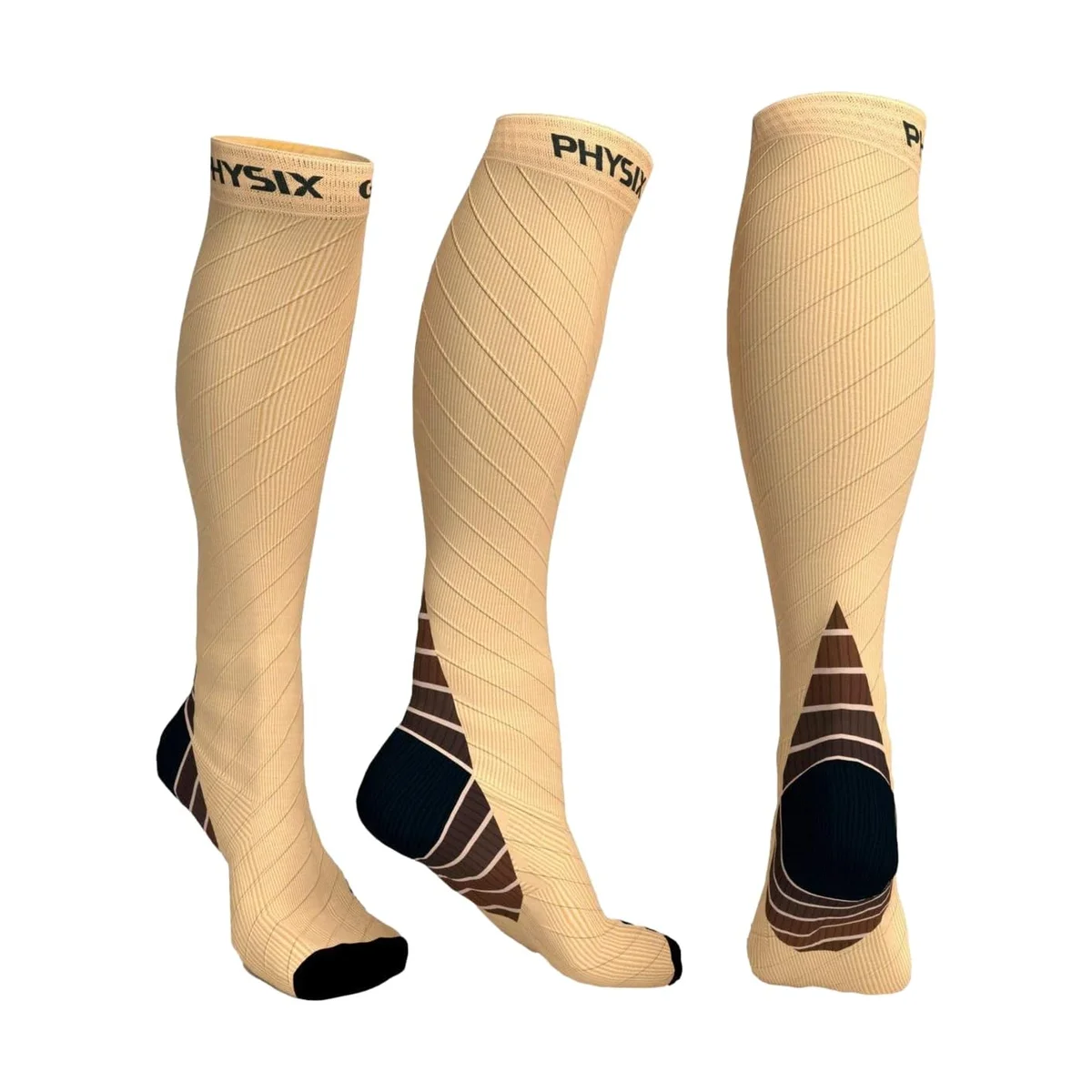 Physix Gear Sport compression socks in nude and tan, three angles showing targeted ankle and heel support