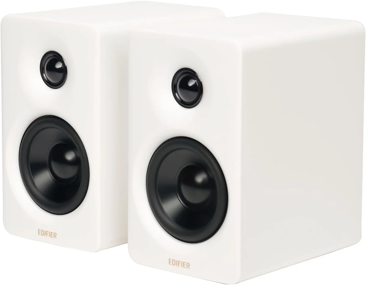 Edifier M60 pair in white showing 1-inch dome tweeter and 3-inch aluminum woofer from a three-quarter angle