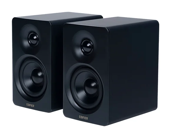 Edifier M60 pair of compact desktop speakers in matte black showing 1-inch dome tweeter and 3-inch aluminum woofer