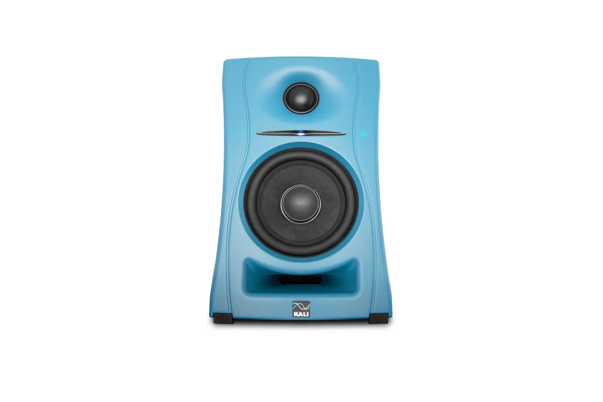 Kali Audio LP-UNF single unit front view in blue showing 1-inch dome tweeter, waveguide, and volume LED indicator