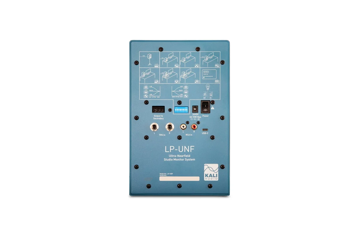 Kali Audio LP-UNF rear panel showing TRS balanced, RCA, and USB-C inputs alongside connection diagrams