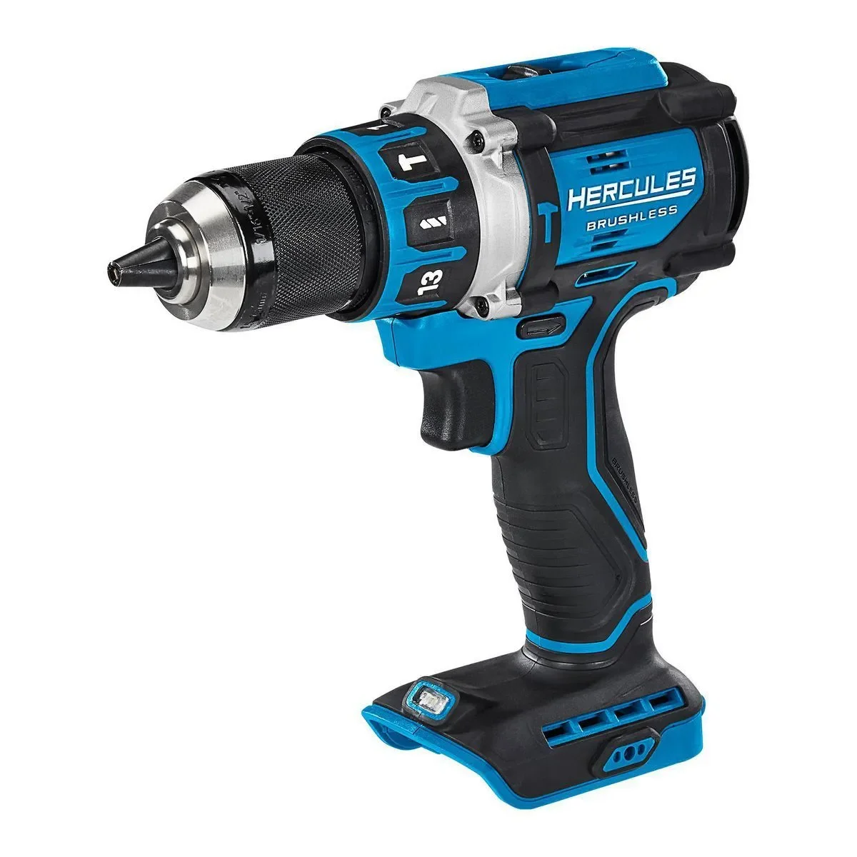 Hercules 20V Brushless Hammer Drill front 3/4 angle, tool-only without side handle