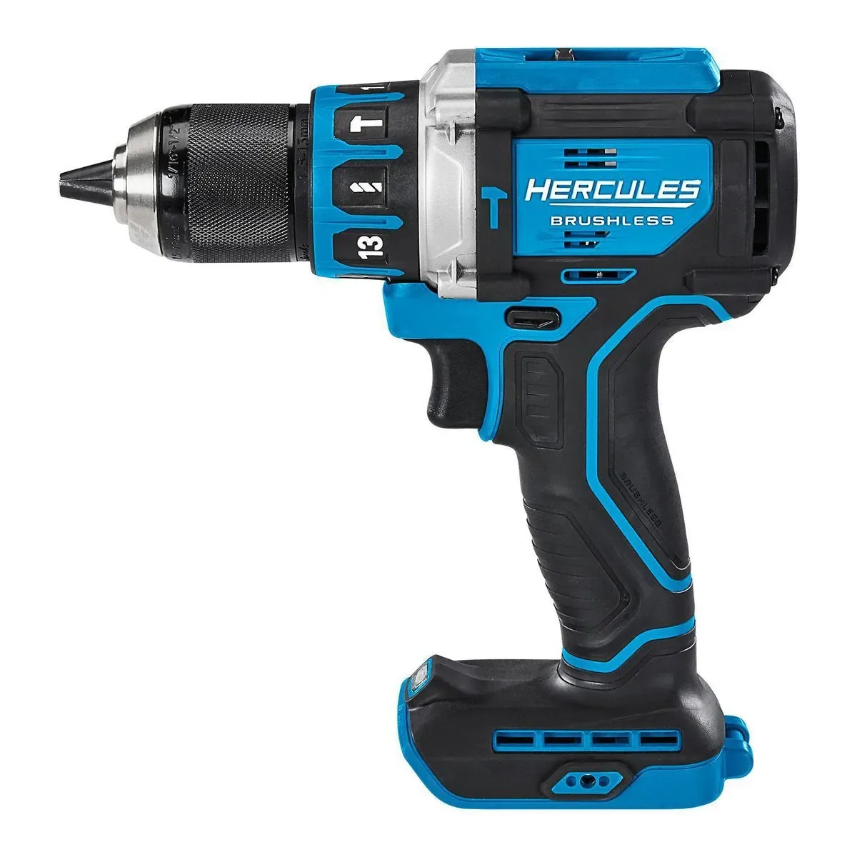 Hercules 20V Brushless Hammer Drill left side profile showing clutch ring and chuck