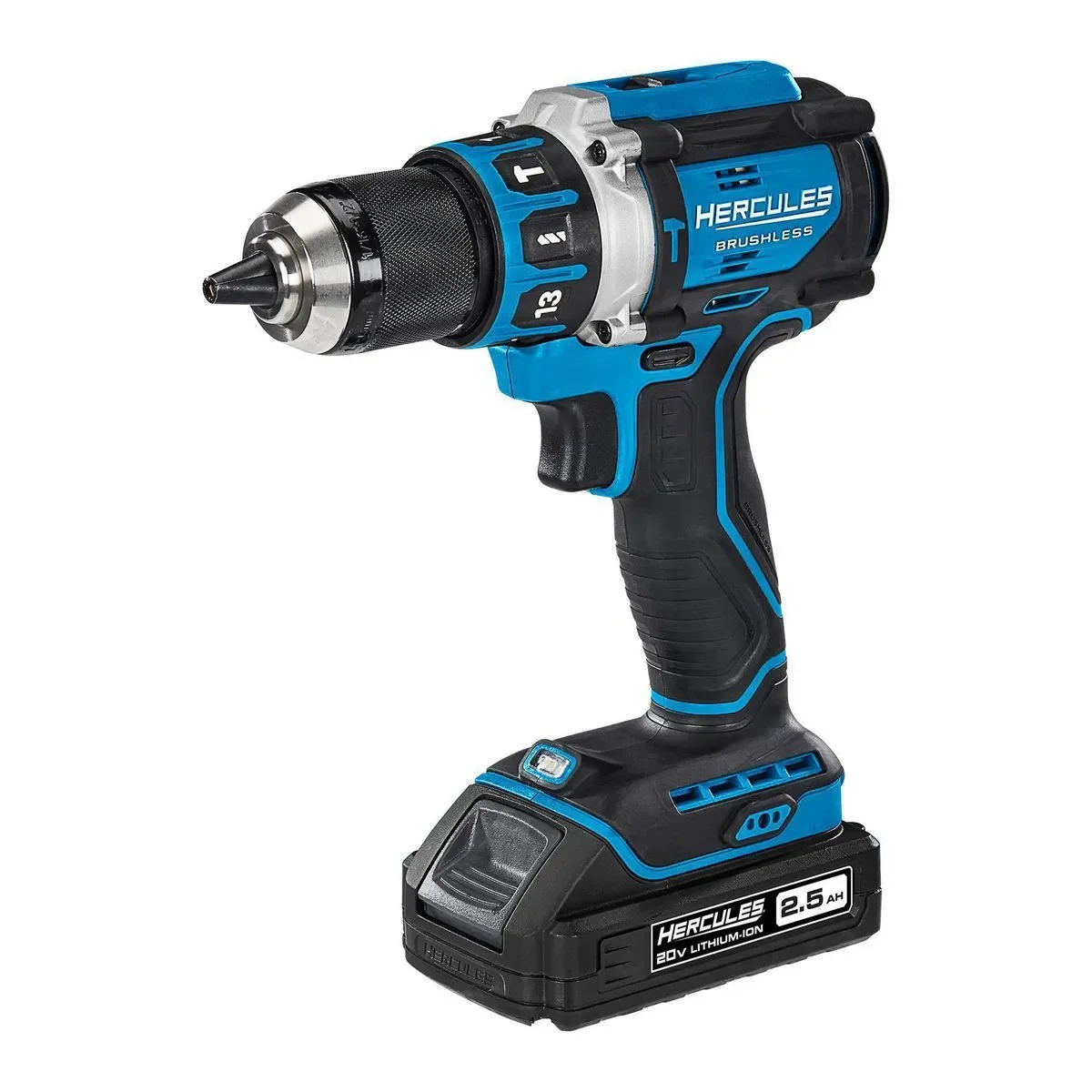 Hercules 20V Brushless Hammer Drill with 2.5Ah Hercules battery installed, front 3/4 angle