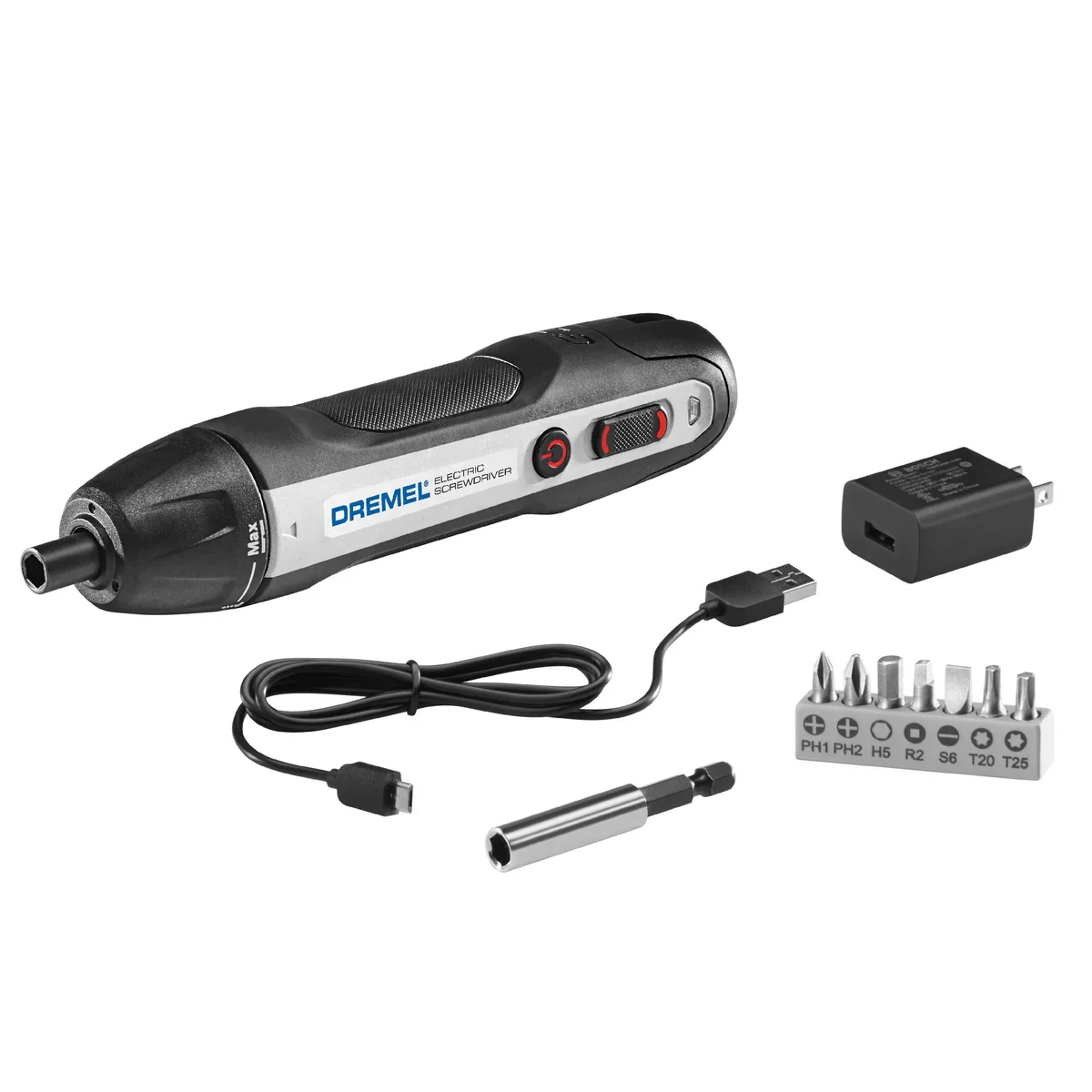 Dremel HSES-01 screwdriver with included accessories: micro-USB cable, charger, bit extender, and 7-bit set