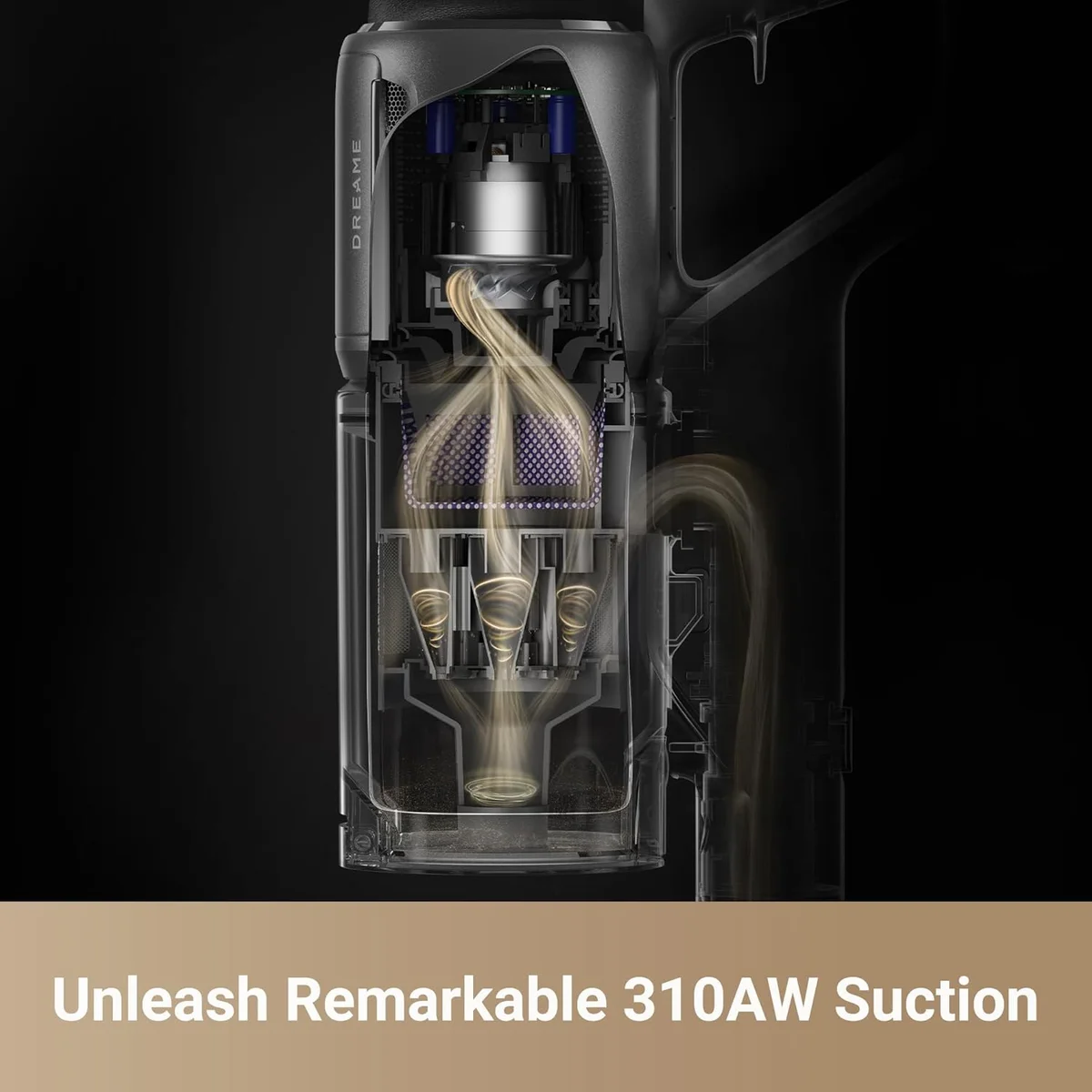 Dreame Z30 TurboMotor cutaway showing 310 AW cyclone suction system