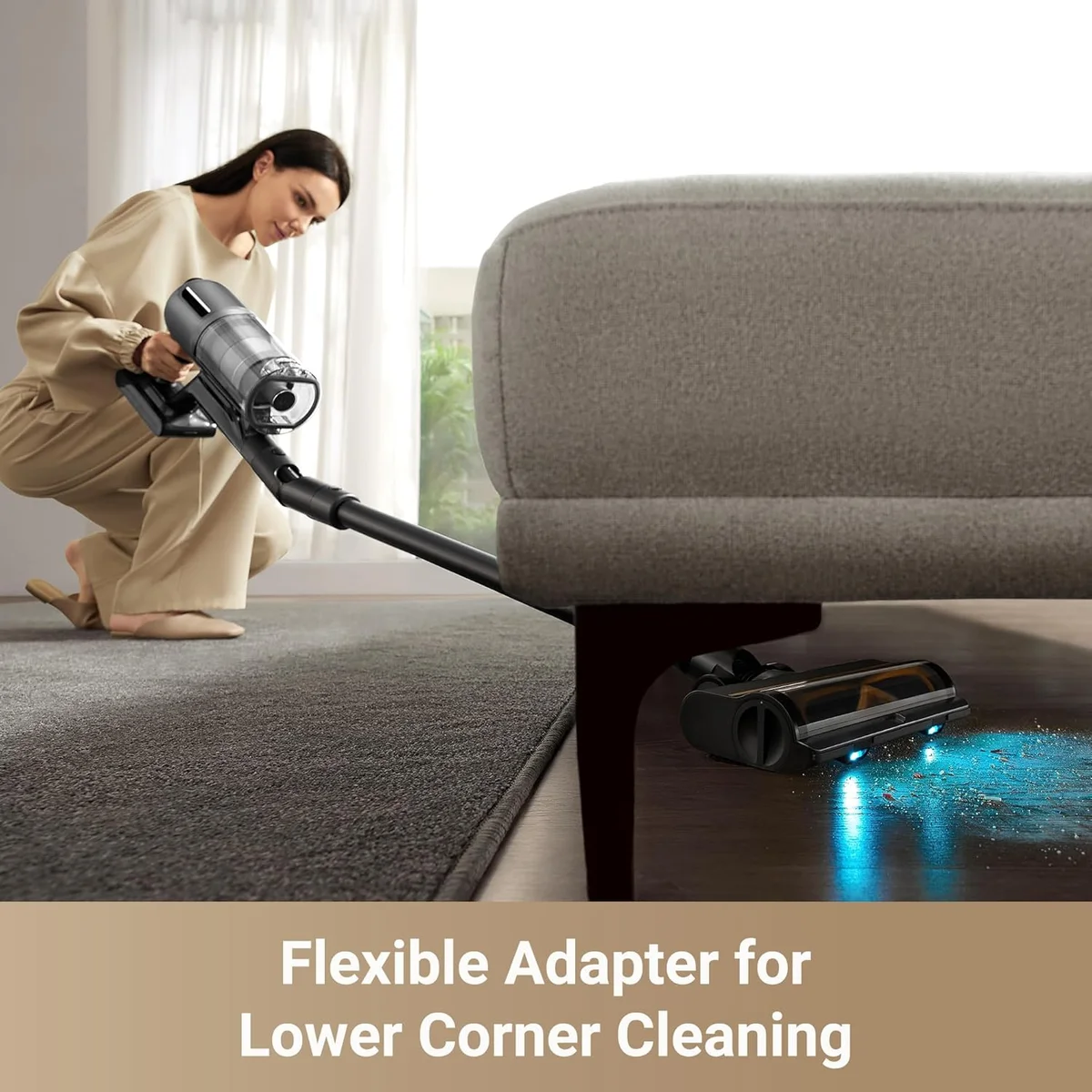 Dreame Z30 flexible adapter reaching under sofa with dust illumination