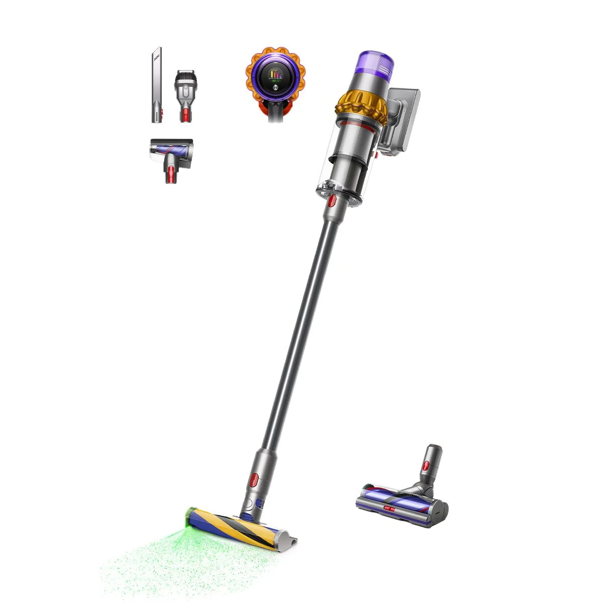 Dyson V15 Detect with green laser active and included accessories