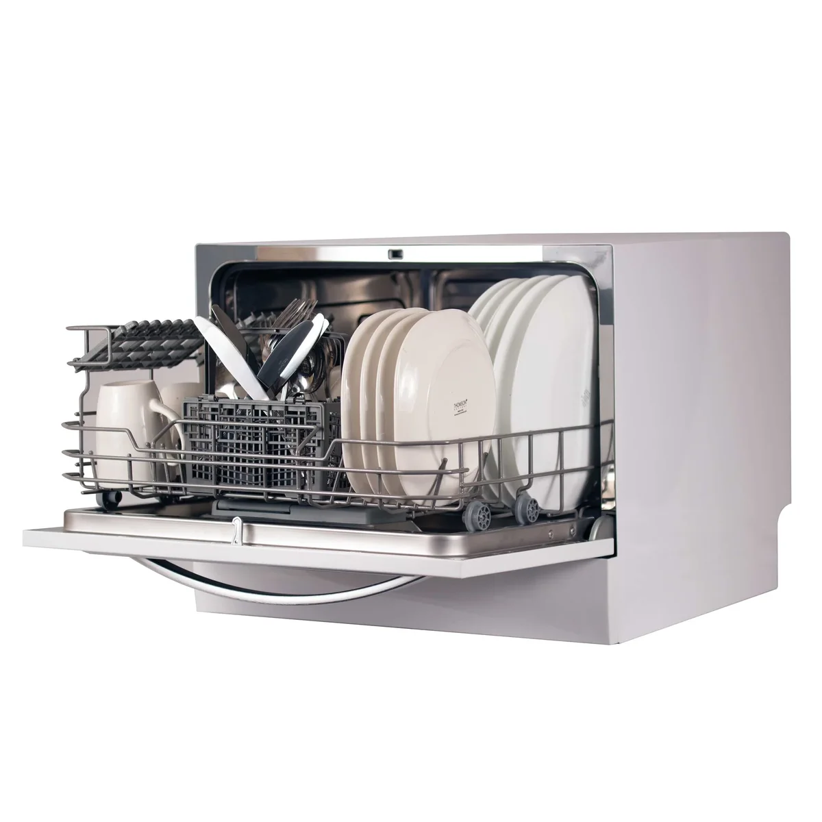BLACK+DECKER BCD6W dishwasher open at an angle showing loaded rack with plates, cups, and silverware basket