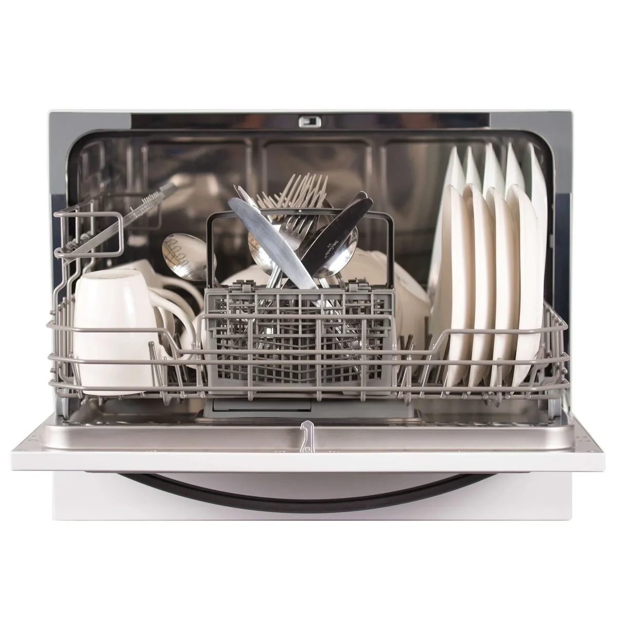 BLACK+DECKER BCD6W dishwasher open from the front showing full interior rack loaded with plates, bowls, and cutlery