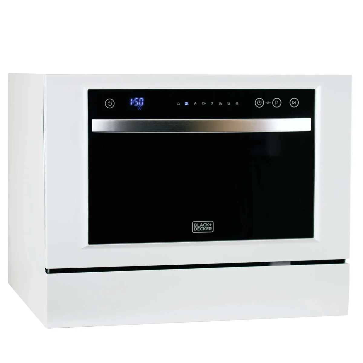 BLACK+DECKER BCD6W countertop dishwasher, three-quarter front view showing white body, black glass door, touchscreen control panel, and stainless steel handle