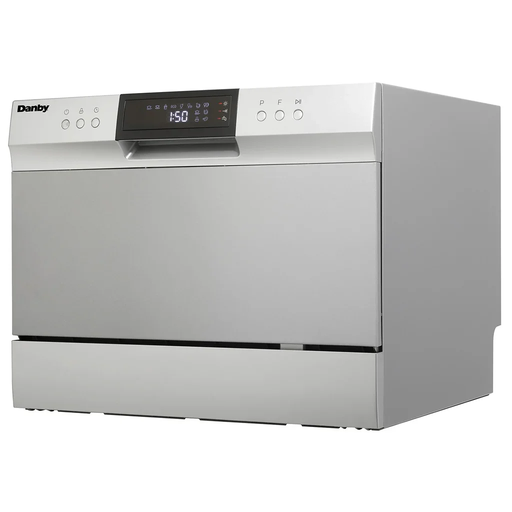 Danby DDW631SDB countertop dishwasher, 3/4 angle view showing the compact form factor and electronic controls
