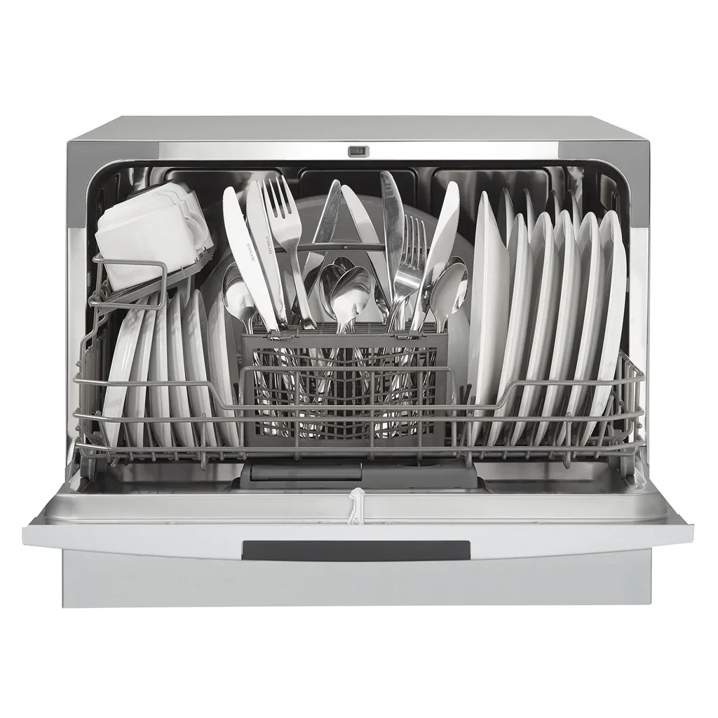 Danby DDW631SDB countertop dishwasher door open and propped showing six-place-setting capacity loaded with dishes and cutlery