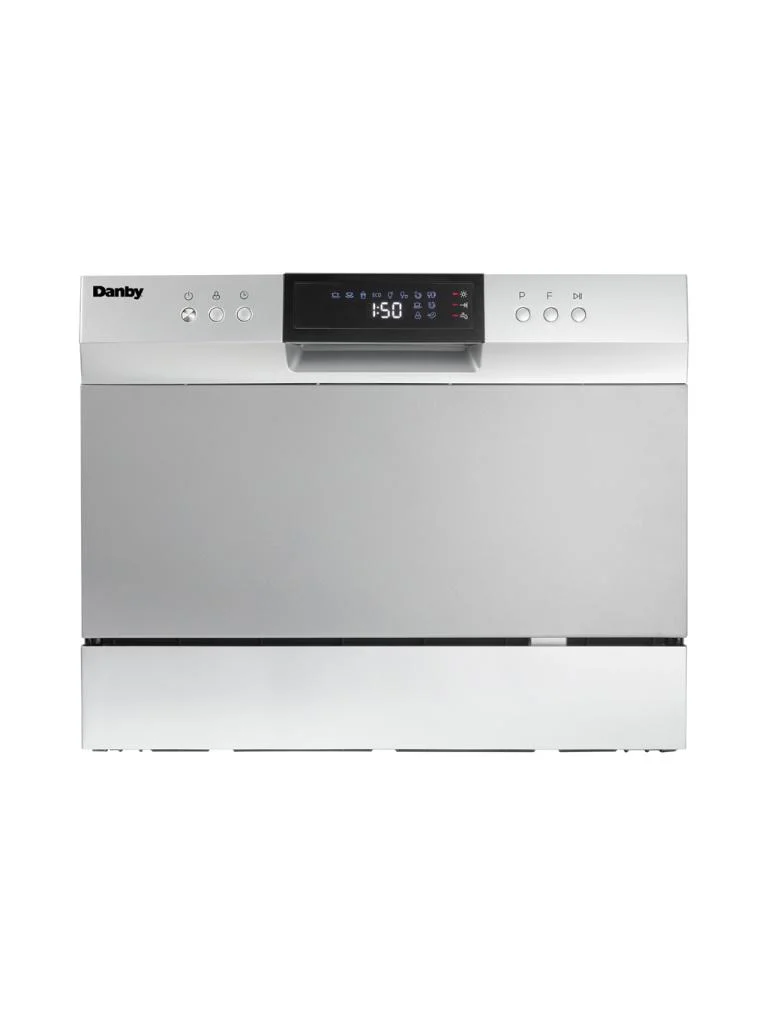 Danby DDW631SDB countertop dishwasher, front-facing closed view with stainless steel door and digital control panel