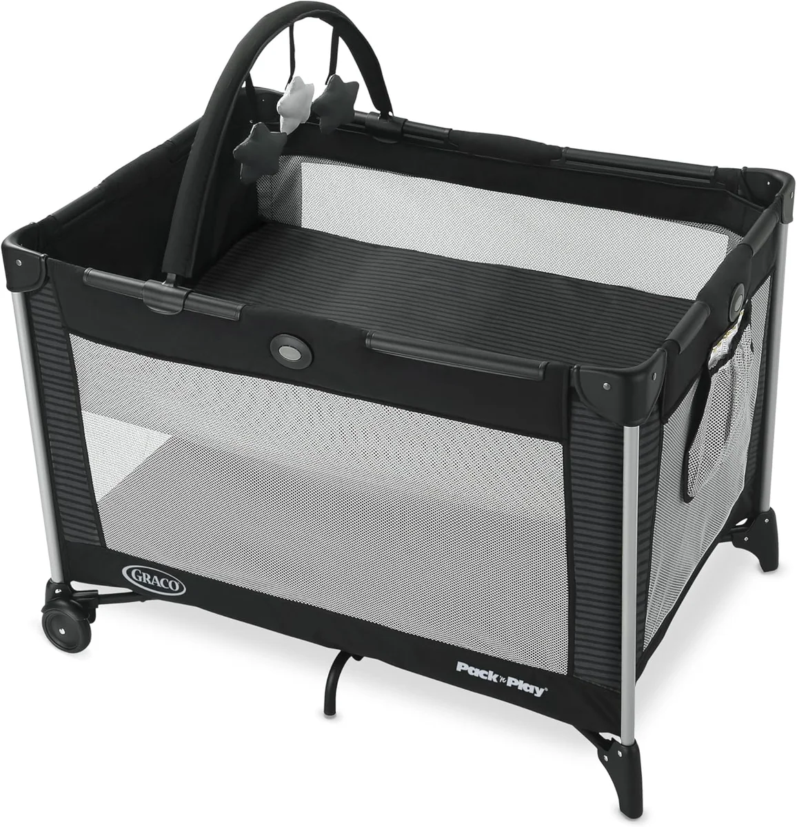 Graco Pack 'n Play On the Go front view showing mesh sides and side storage pouch