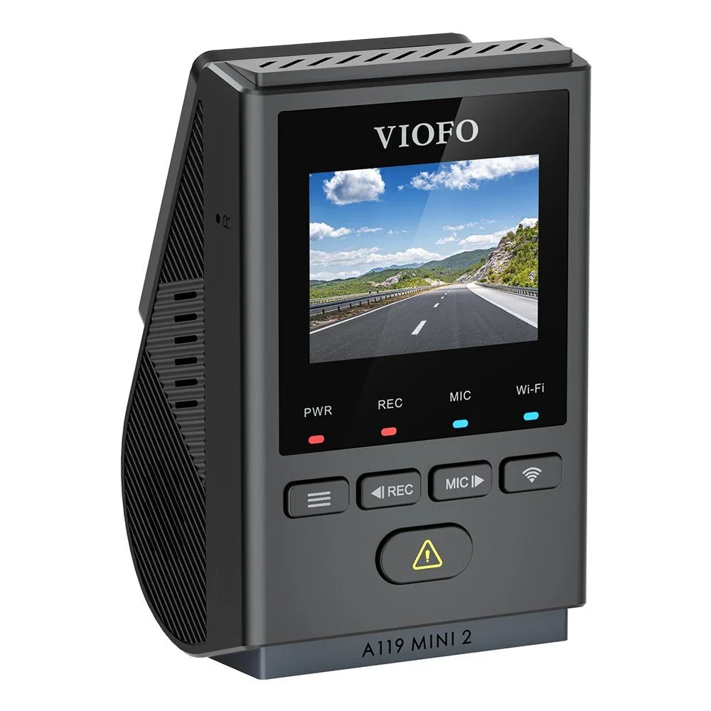 Viofo A119 Mini 2 three-quarter angle showing speaker grille and side profile