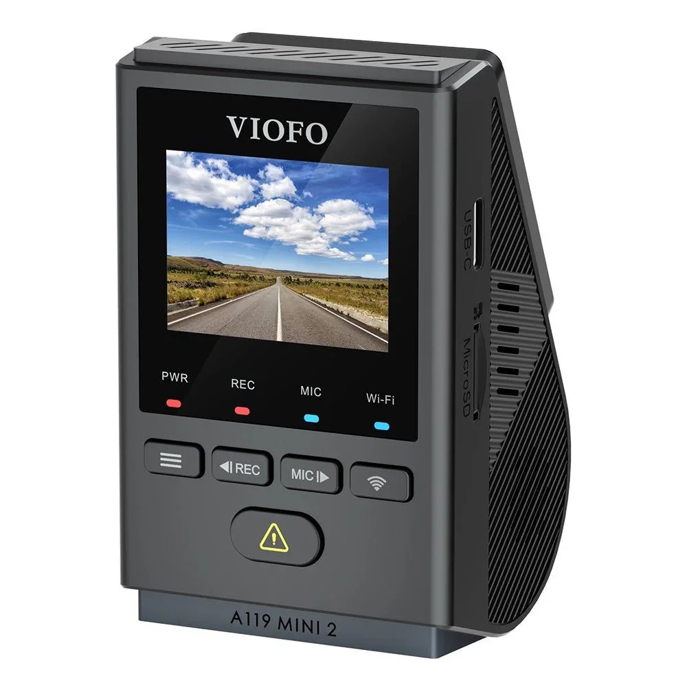 Viofo A119 Mini 2 three-quarter angle showing USB-C port and MicroSD card slot