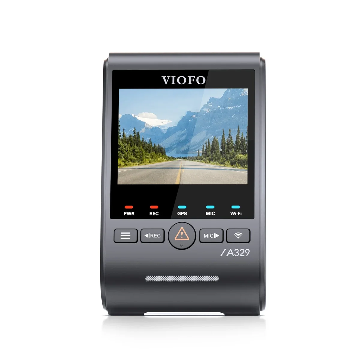 Viofo A329S dash cam front-facing view showing controls and 2.4-inch display