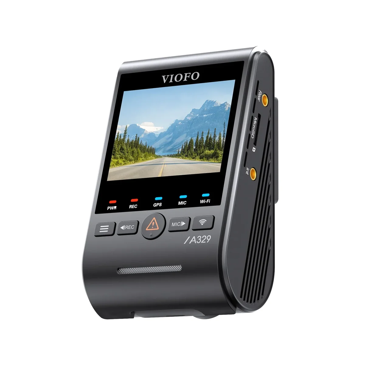 Viofo A329S right-side view showing rear camera port, MicroSD slot, and connection points