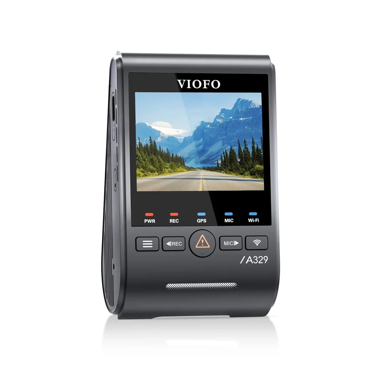 Viofo A329S dash cam three-quarter view showing LCD screen and button layout