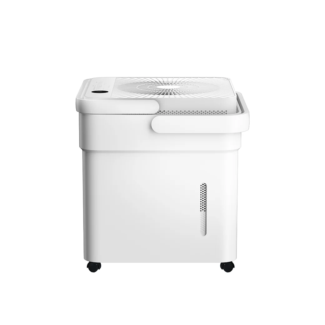 Midea Cube 50-Pint Smart Dehumidifier side profile showing the vertical vent slot and caster wheels