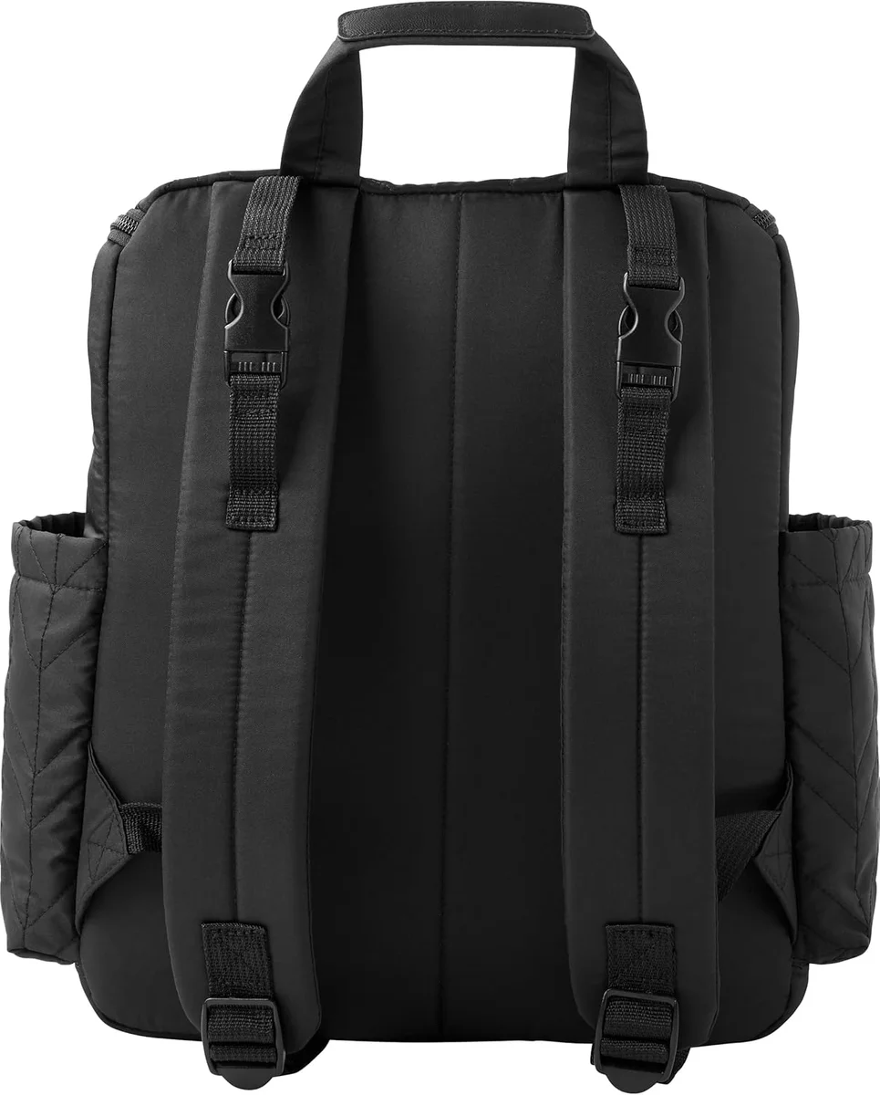 Skip Hop Forma back panel showing padded shoulder straps and stroller attachment clips