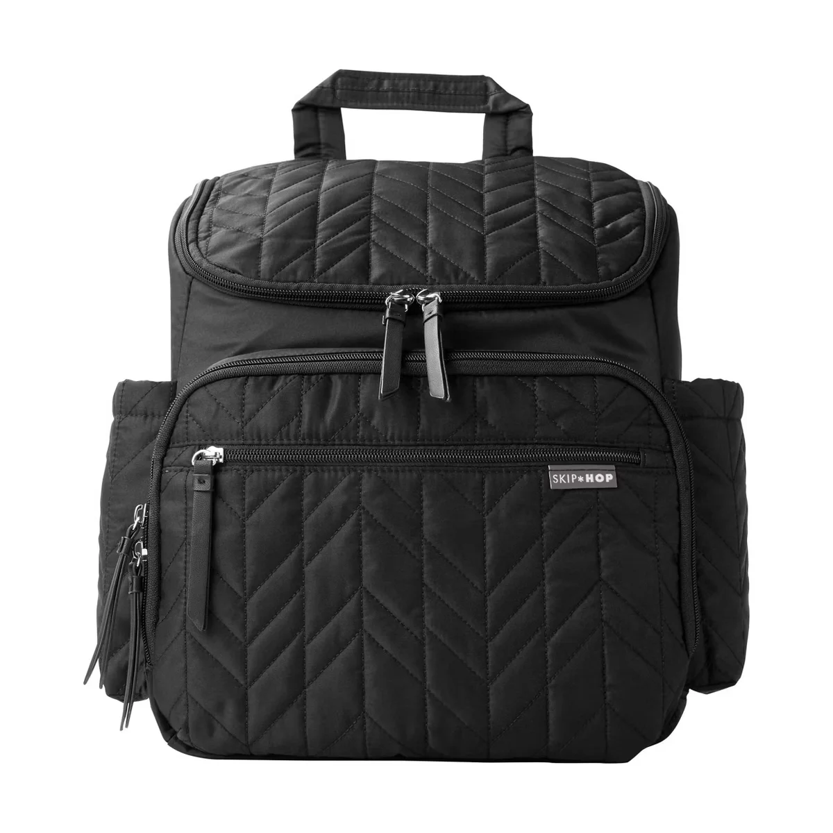 Skip Hop Forma Diaper Bag Backpack front view in black quilted polyester