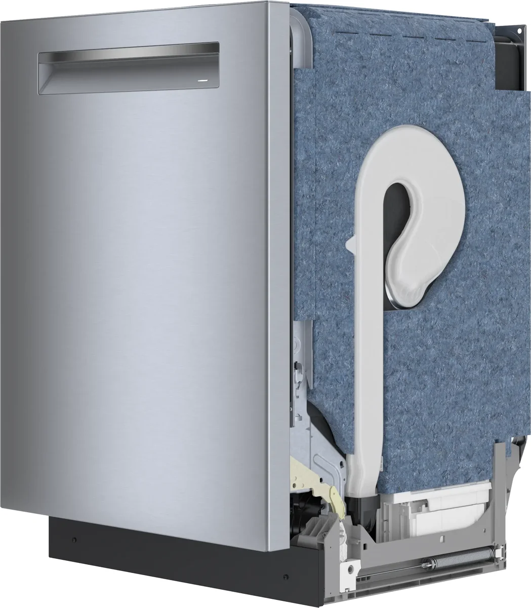 Bosch 800 Series dishwasher side cutaway showing EcoSilence insulation and internal components