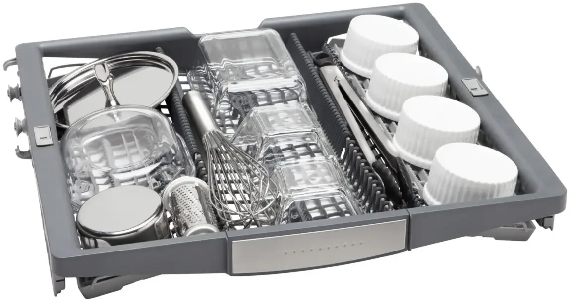 Bosch 800 Series flexible 3rd rack loaded with utensils and small items