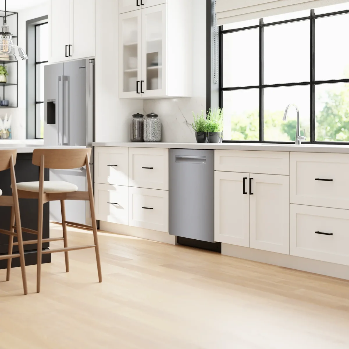 Bosch 800 Series dishwasher installed in a bright open-concept kitchen