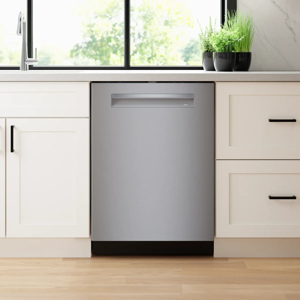 Bosch 800 Series dishwasher installed in modern white kitchen, door closed