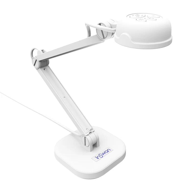 INSWAN INS-1 document camera front-angle view showing articulated arm, base, and camera head on white background