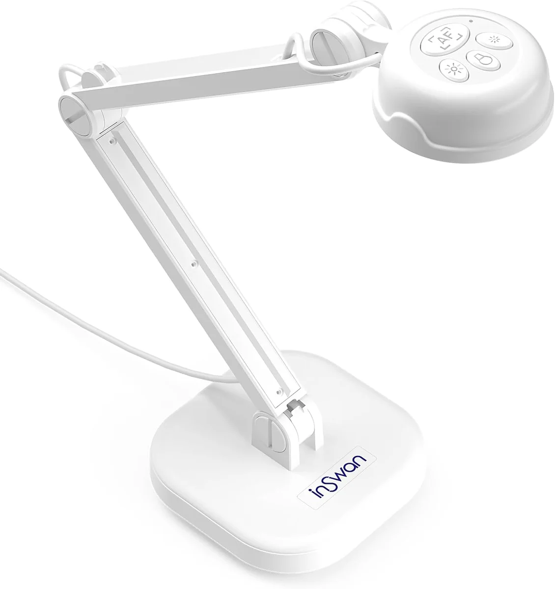 INSWAN INS-1 document camera close-up of camera head showing autofocus, LED brightness, and capture control buttons