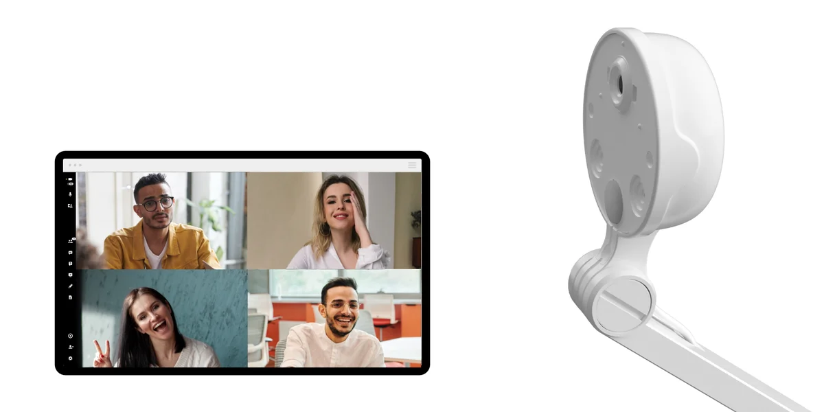 INSWAN INS-1 document camera lens and LED ring view alongside a laptop displaying a video conference call