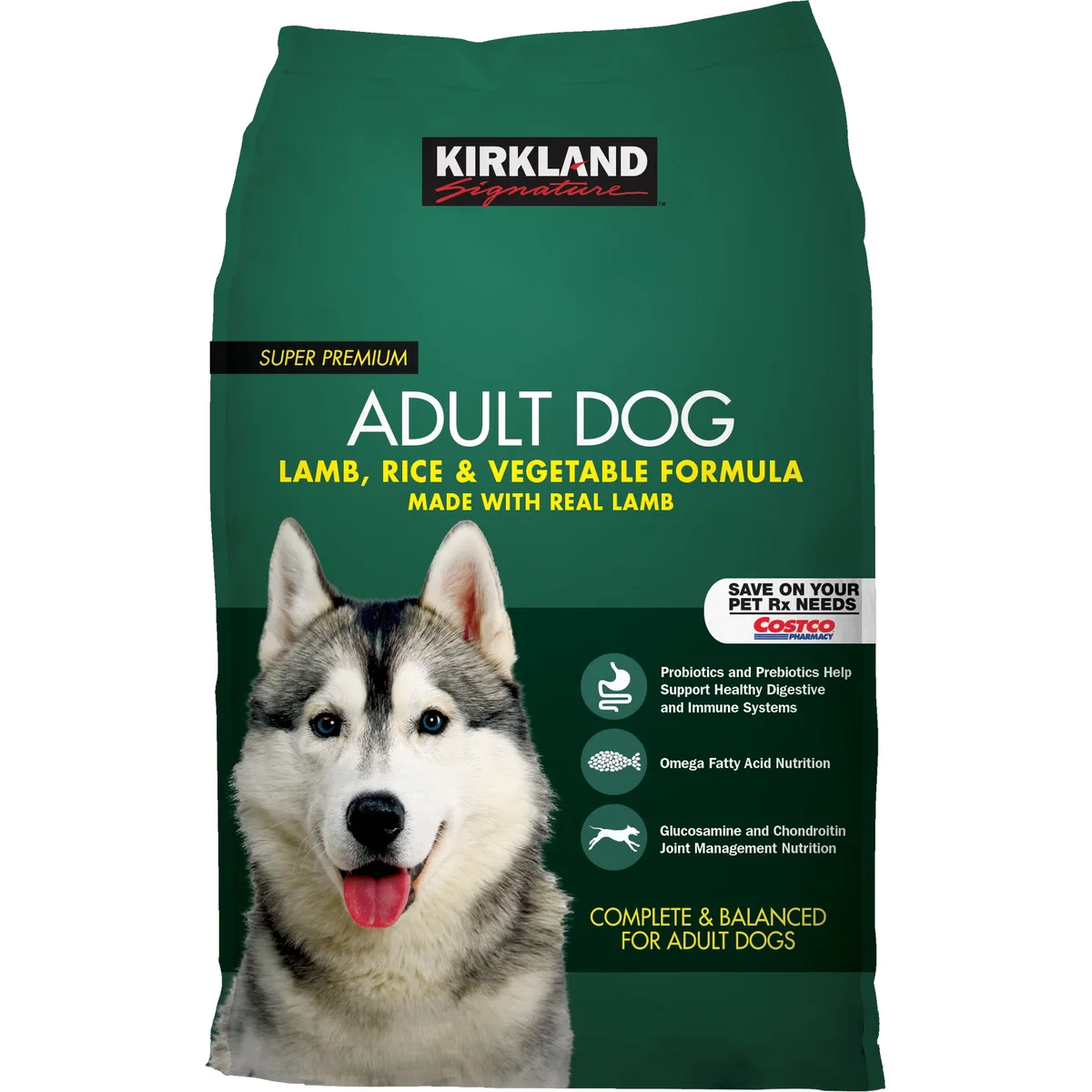 Kirkland Signature Adult Dog Food Lamb, Rice & Vegetable Formula 40 lb bag, front view
