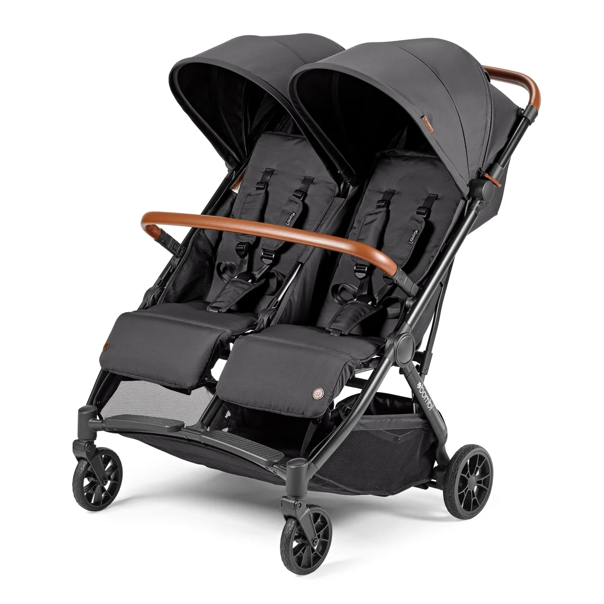 Bombi Twin double stroller 3/4 angle showing full frame, wheels, and dual canopies