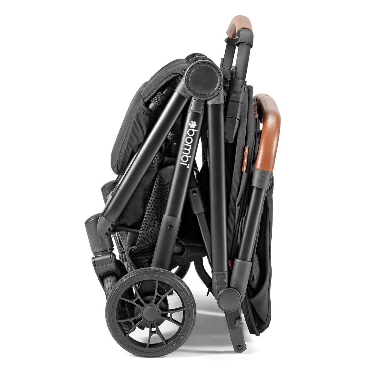 Bombi Twin double stroller folded compactly showing upright self-standing position