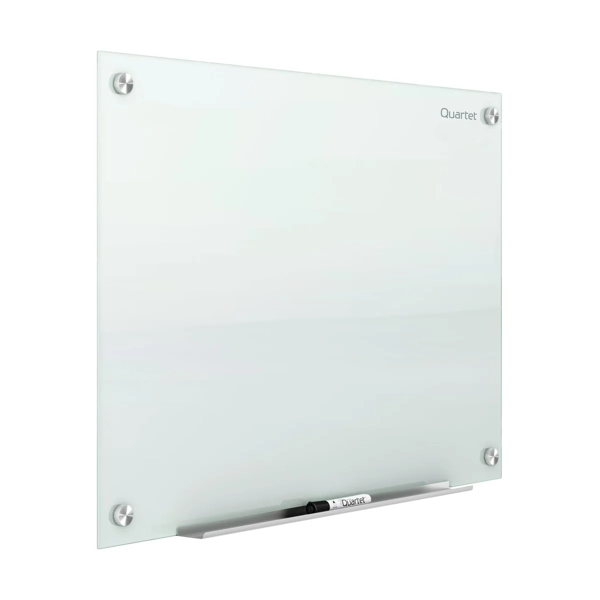 Quartet Infinity glass whiteboard shown at a 3/4 angle, highlighting the frameless floating mount, standoffs and glass edge depth