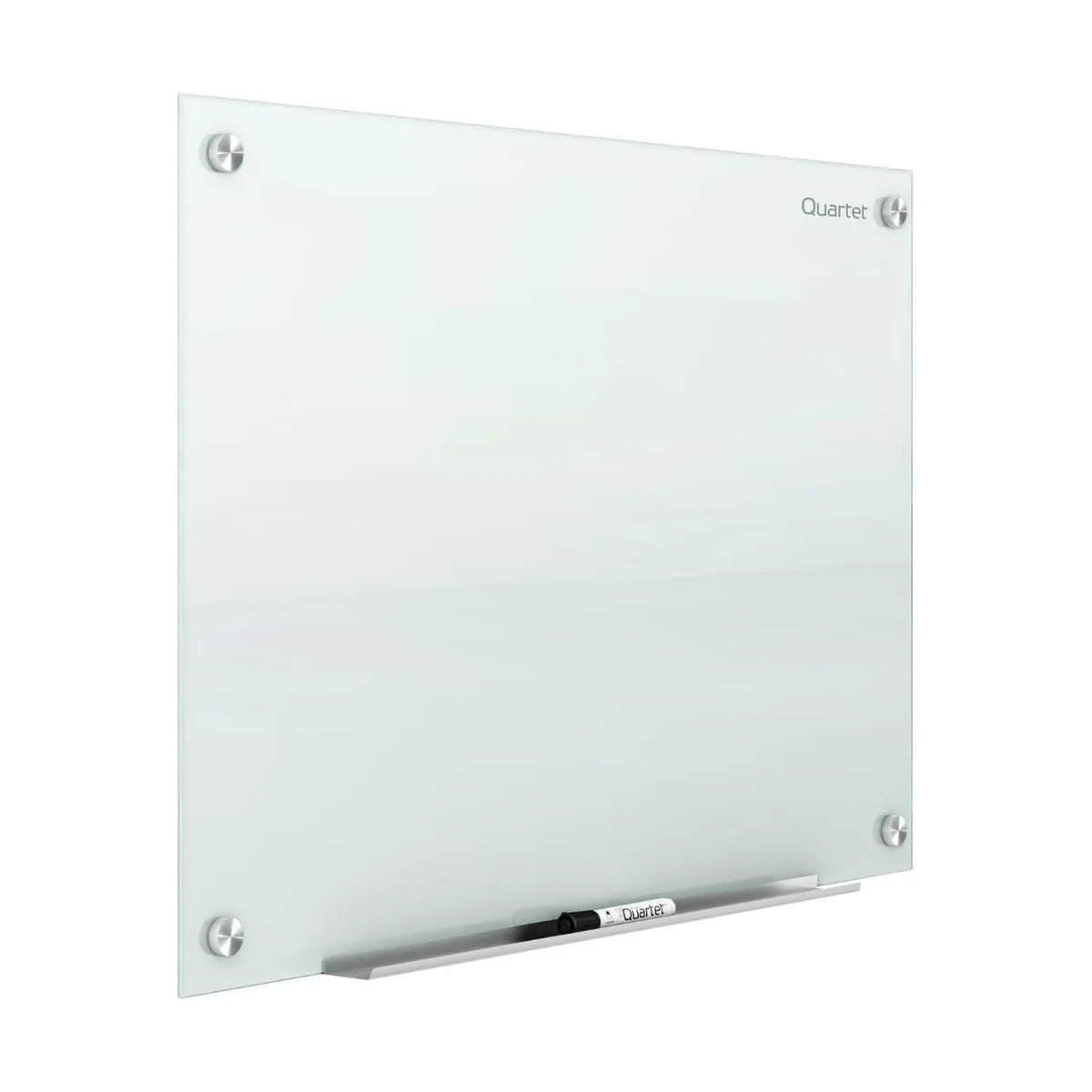 Quartet Infinity glass whiteboard at an alternate 3/4 angle showing the frameless standoff mount and slim marker tray