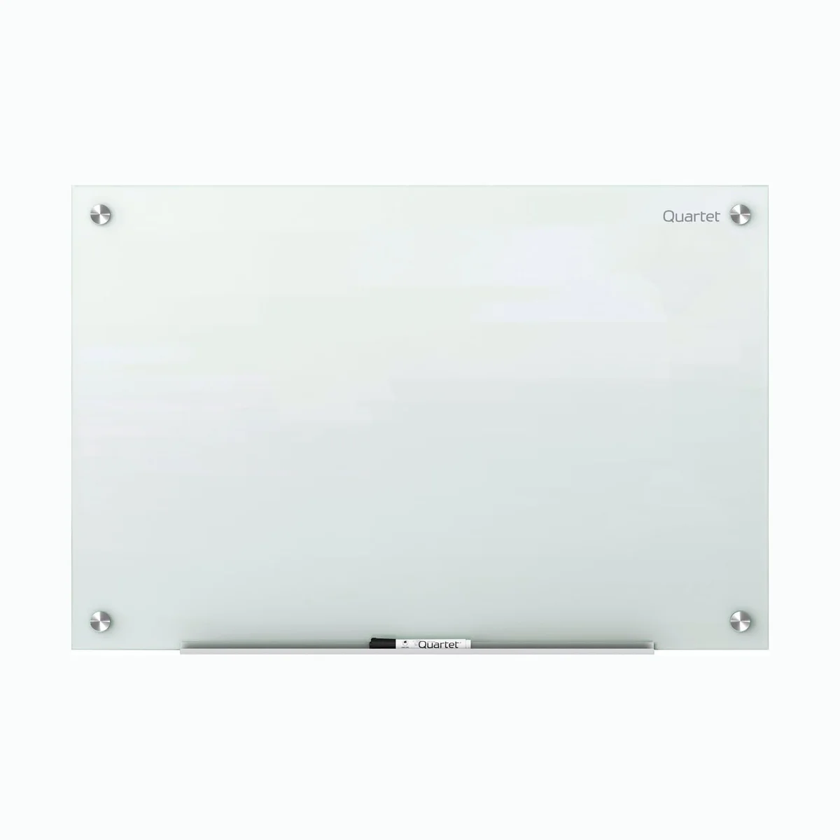 Quartet Infinity frameless white glass dry-erase whiteboard, straight-on front view with corner standoffs, marker tray and Quartet logo