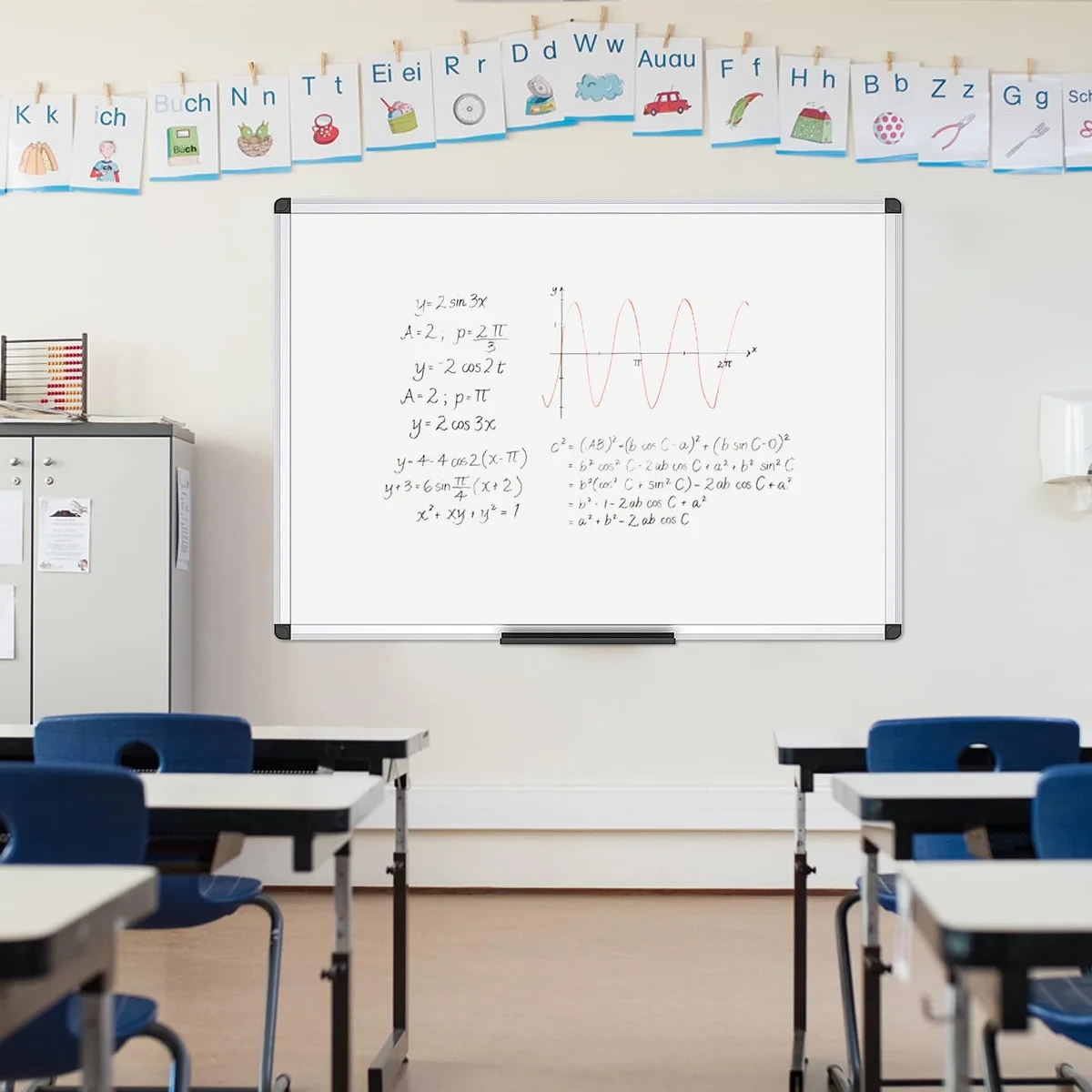 VIZ-PRO magnetic whiteboard wall-mounted in a classroom with equations written on it