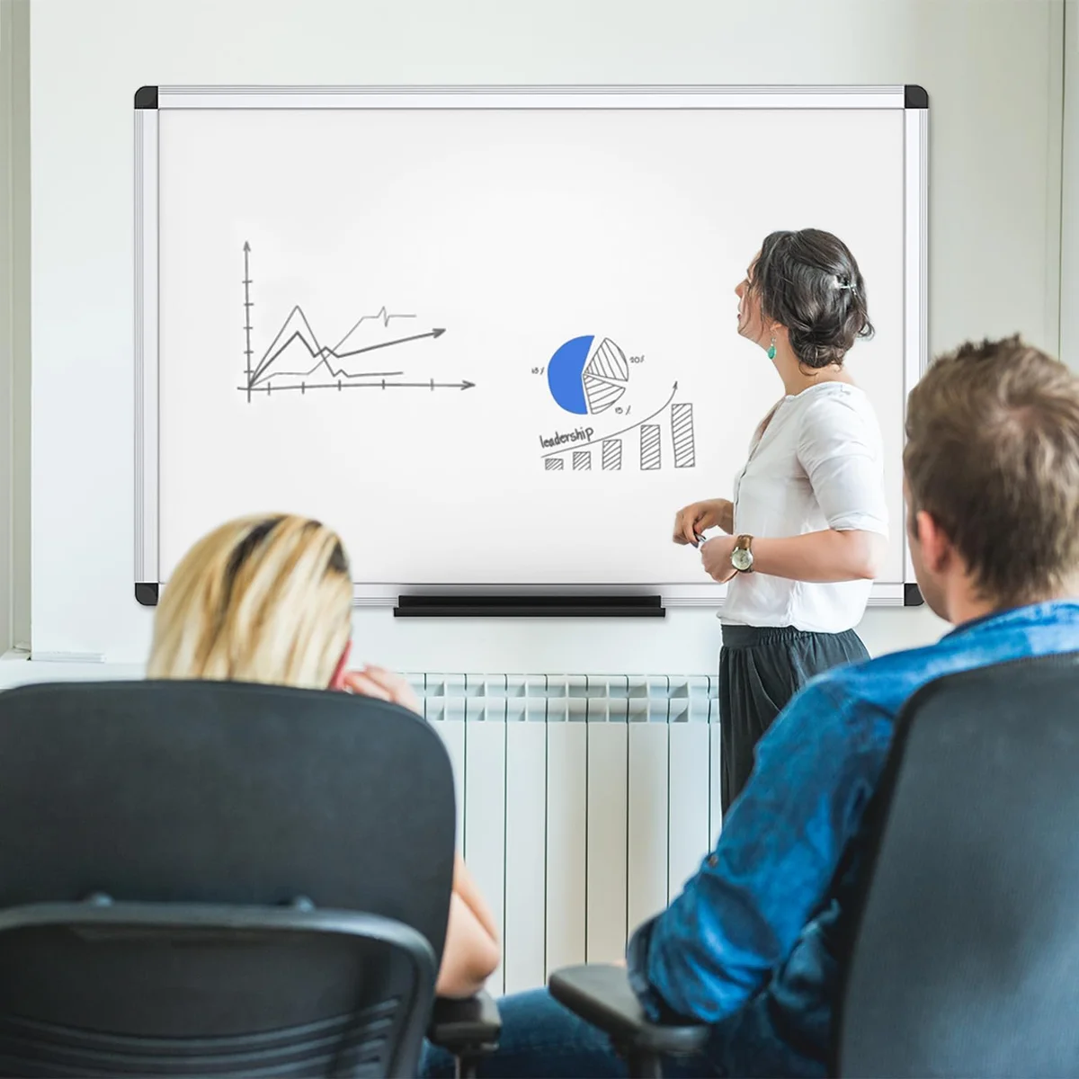 VIZ-PRO whiteboard mounted in an office meeting as a presenter draws charts on it