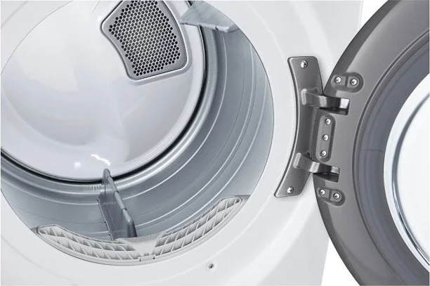 LG DLEX4000W dryer drum interior close-up showing lint filter and door hinge detail