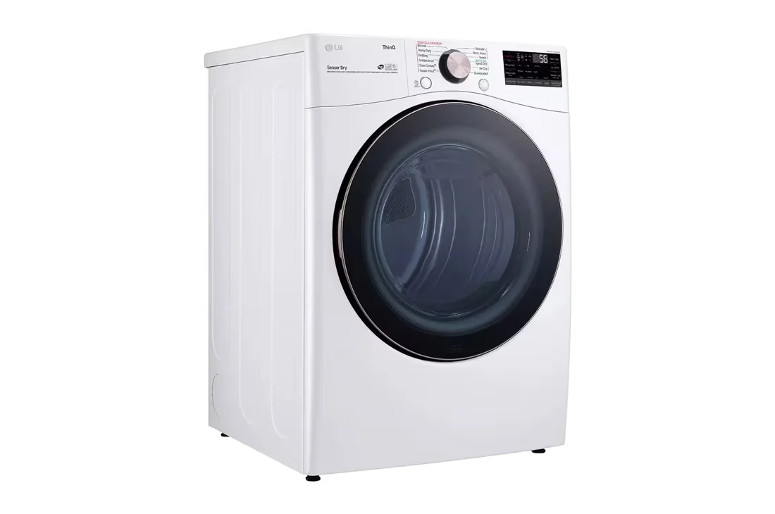 LG DLEX4000W front load electric dryer three-quarter angle view on white background