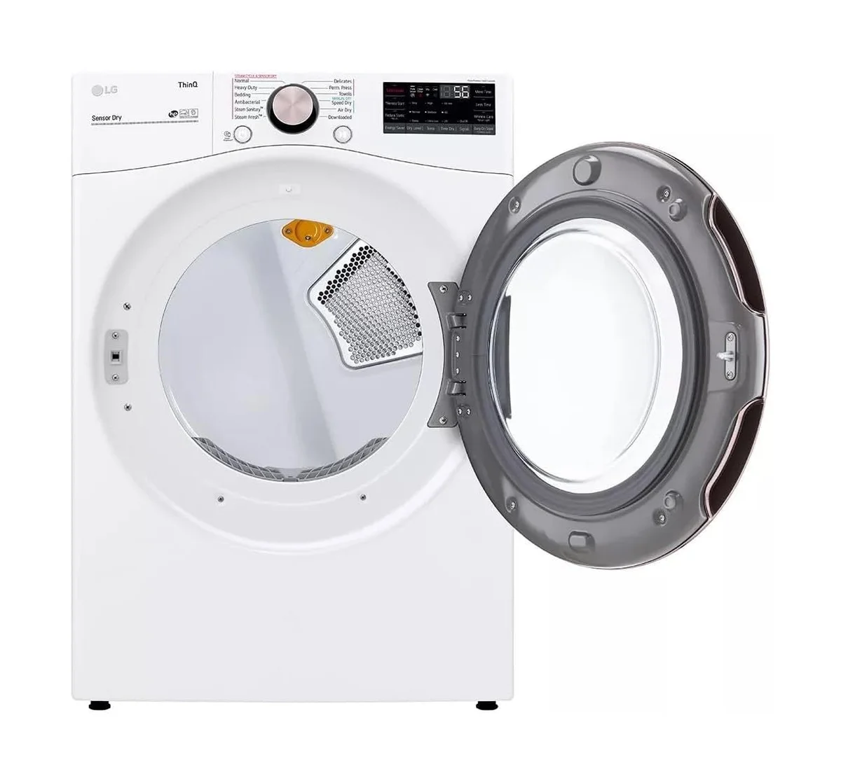 LG DLEX4000W front load electric dryer with door open showing drum interior