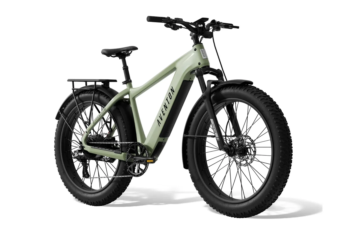 Aventon Aventure.3 front three-quarter perspective showing handlebar controls and fat tires