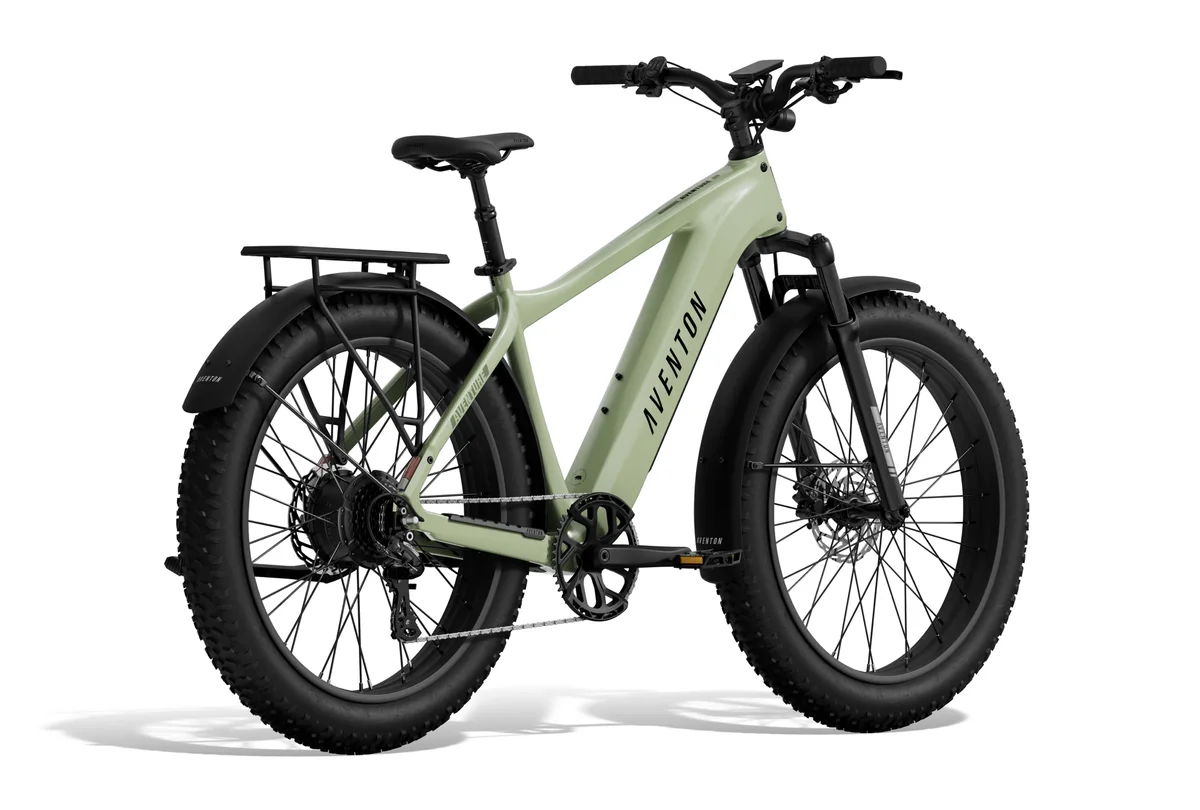 Aventon Aventure.3 rear three-quarter perspective showing integrated rear rack and drivetrain