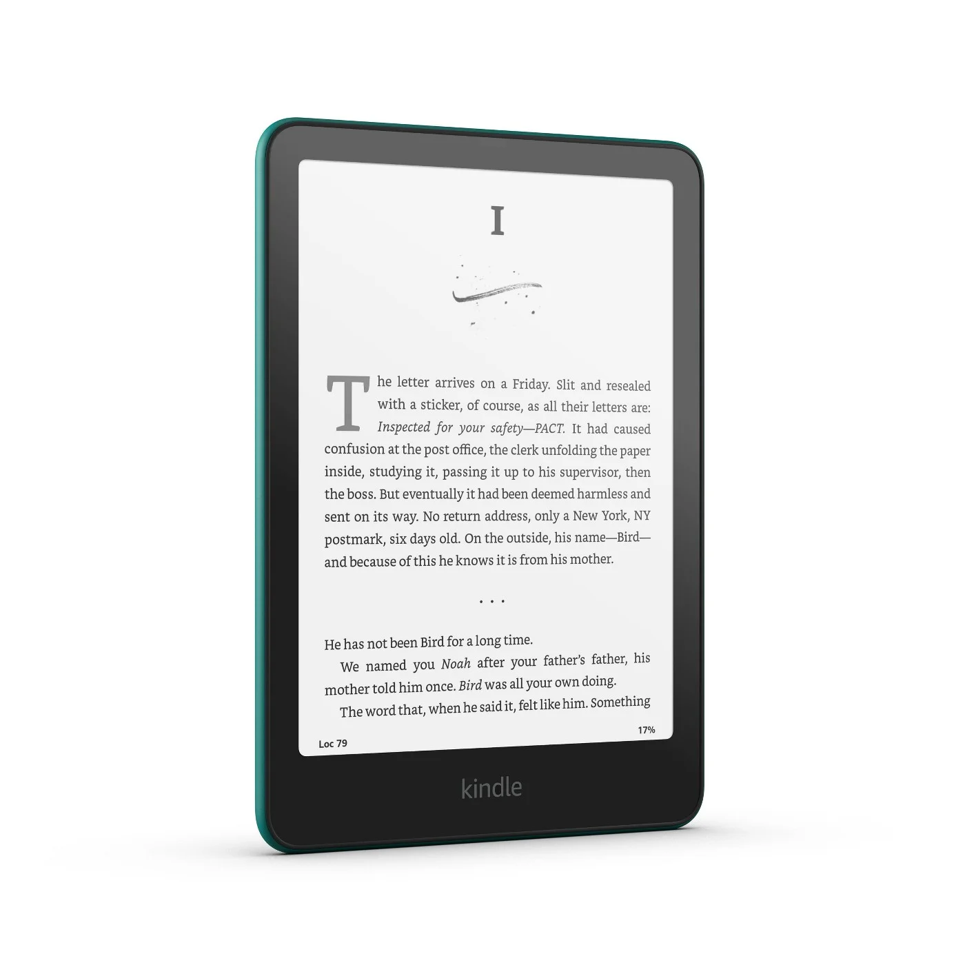 Kindle Paperwhite 12th Gen in Jade color variant showing front display