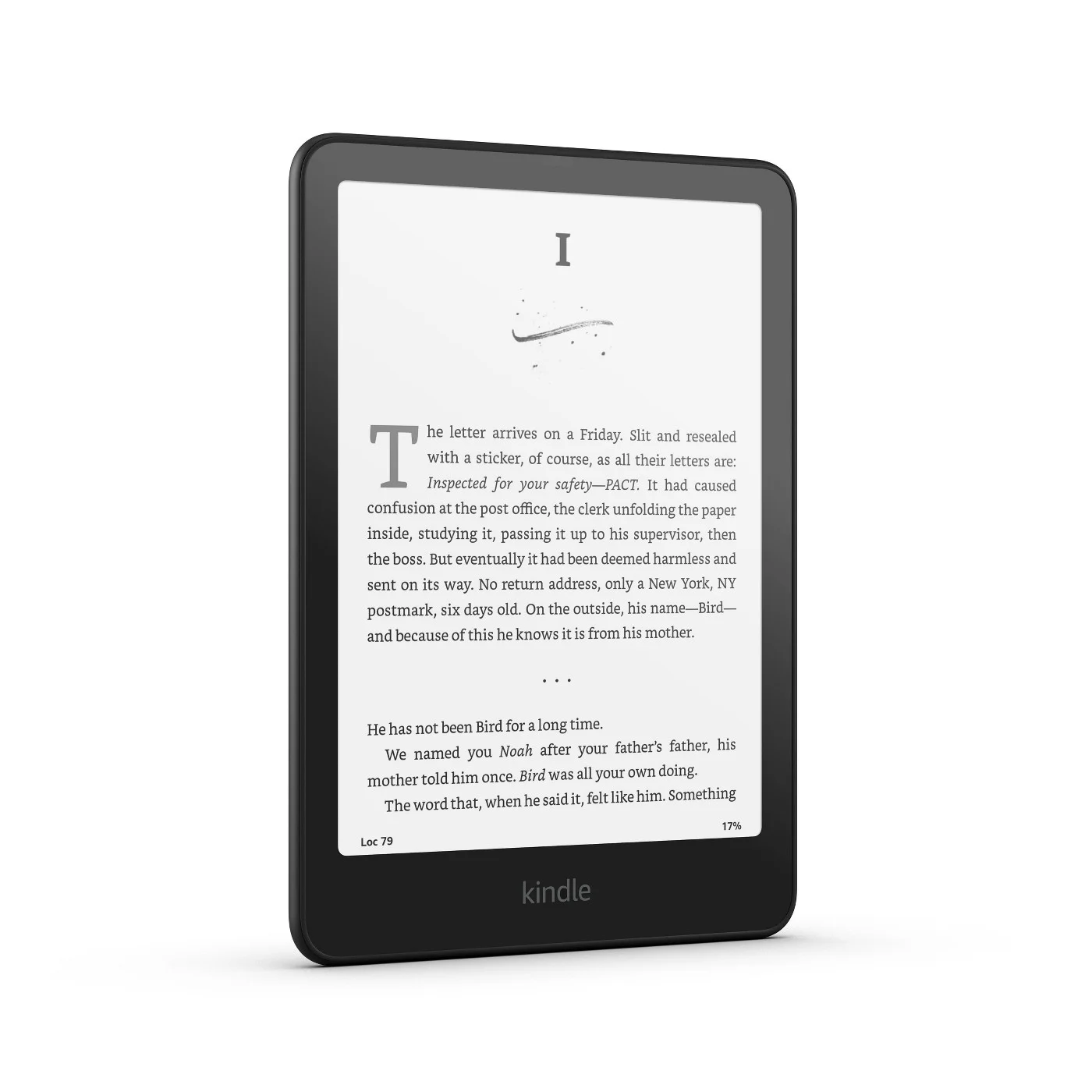Kindle Paperwhite 12th Gen front view showing book text on E Ink display