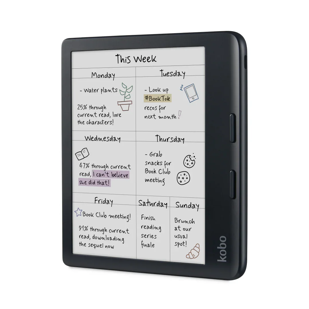 Kobo Libra Colour displaying color weekly planner with handwritten notes and illustrations